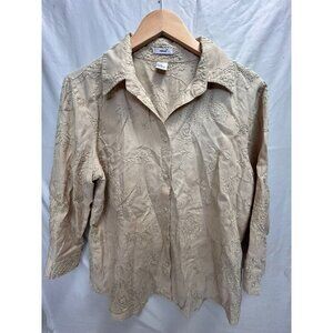 Edward Womens XL Tan Cream Paisley 100% Linen Embroidered Button Down Shirt